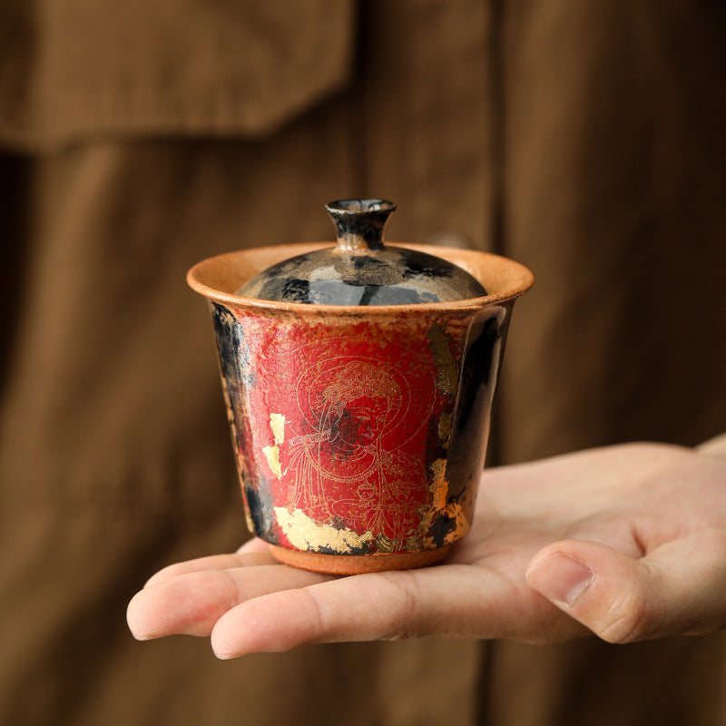 Dunhuang Cultural and Creative Crackle Glazed Gold-plated Covered Bowl Tea Cup