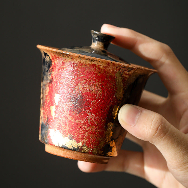 Dunhuang Cultural and Creative Crackle Glazed Gold-plated Covered Bowl Tea Cup